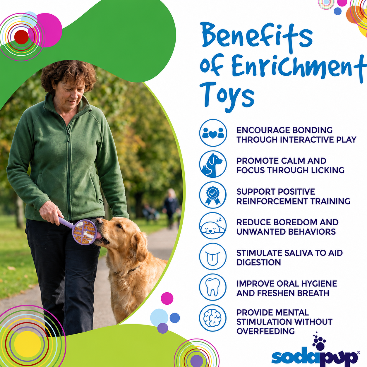 SodaPup benefits poster with a person holding an orange lick stick for dogs