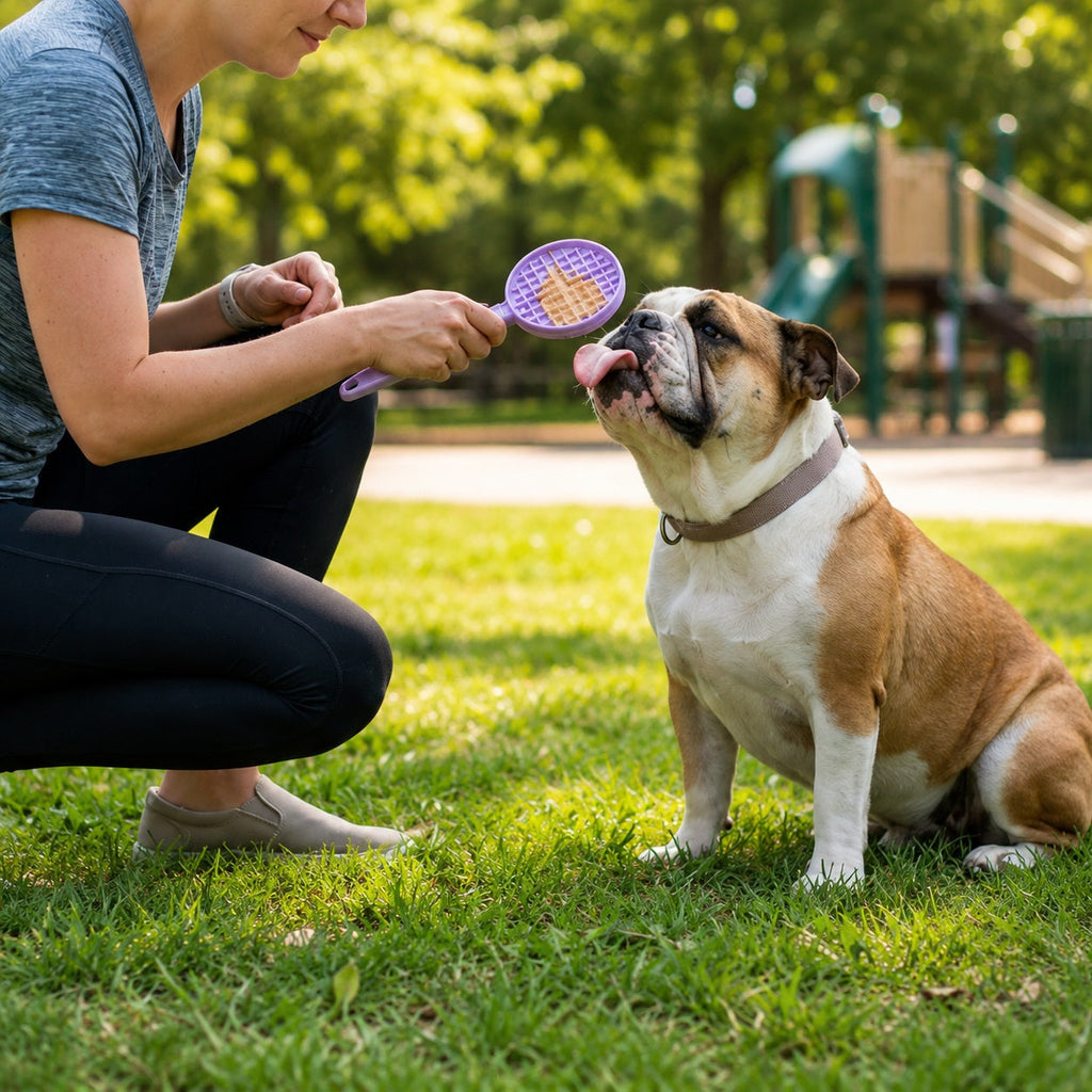 Purple hand-held waffle lick stick, offered to a fawn and white dog
