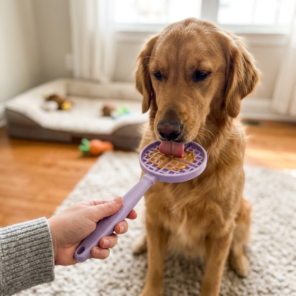 Purple hand-held lick stick with waffle grid, being licked by a golden dog