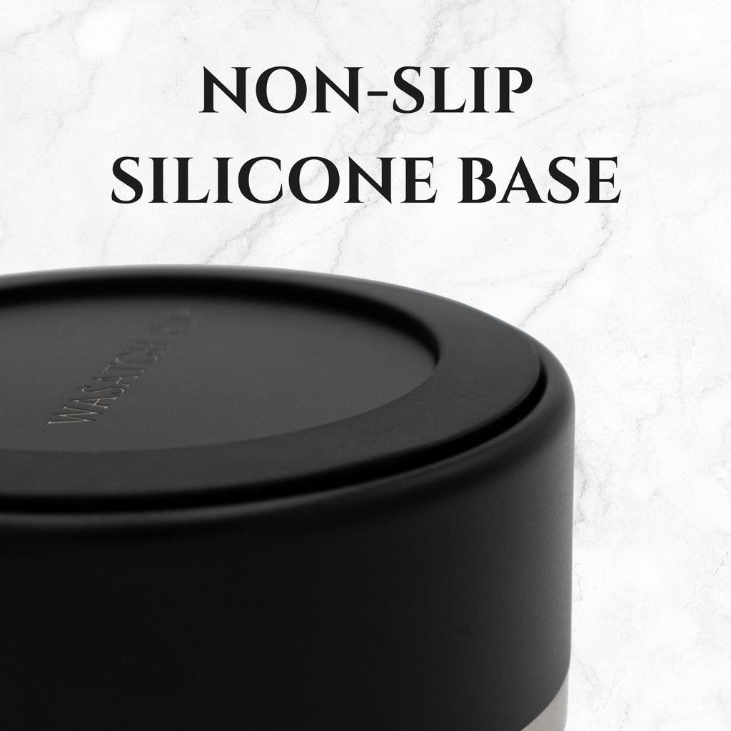 Black feeder bowl with non-slip silicone base and smooth stainless inner rim