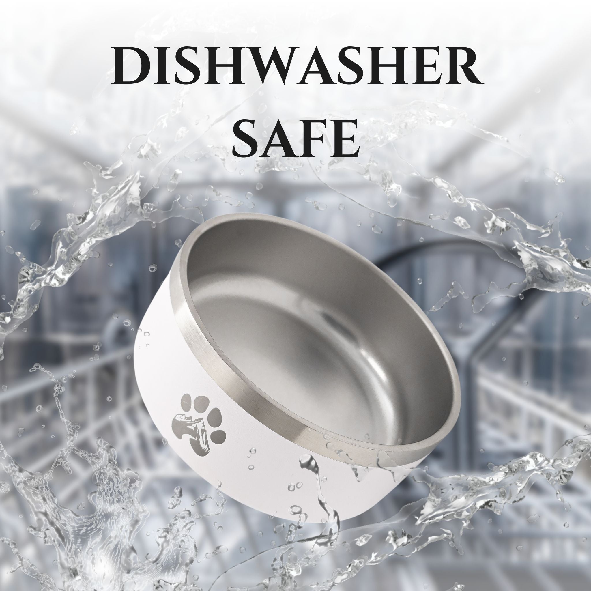 White stainless steel feeder bowl with paw print logo and splash shield