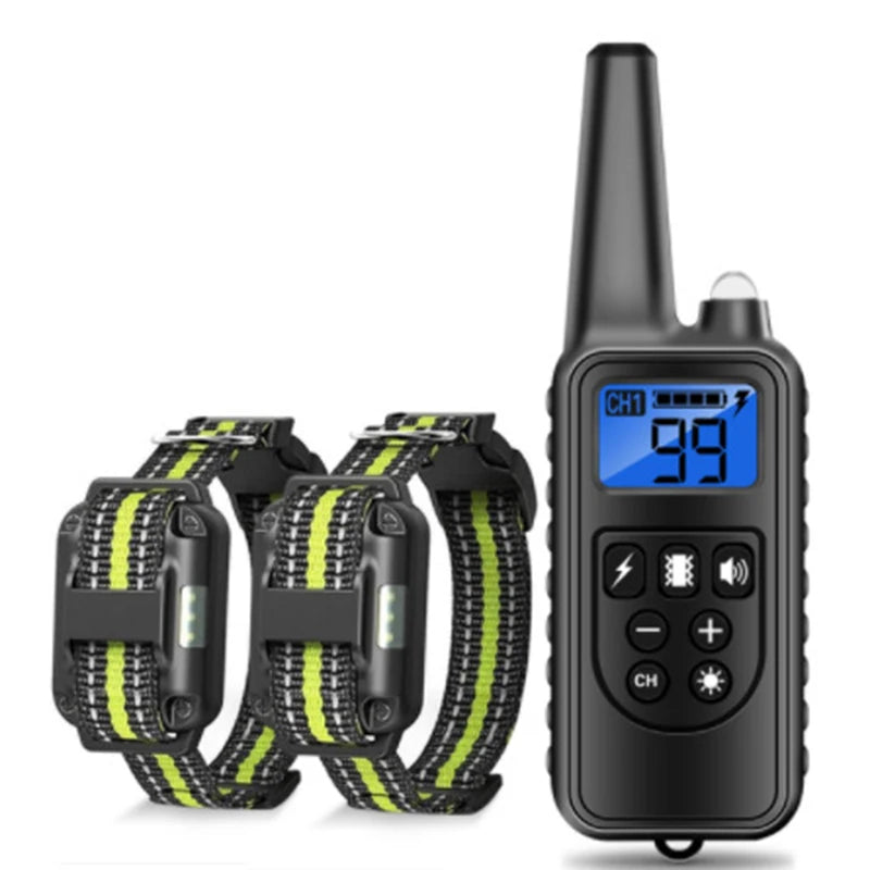 Dog training collar remote with two black striped shock collars, blue display and controls