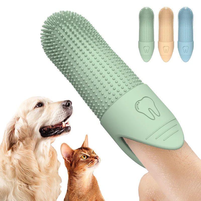 Green finger toothbrush with soft bristle nubs for pets’ dental cleaning