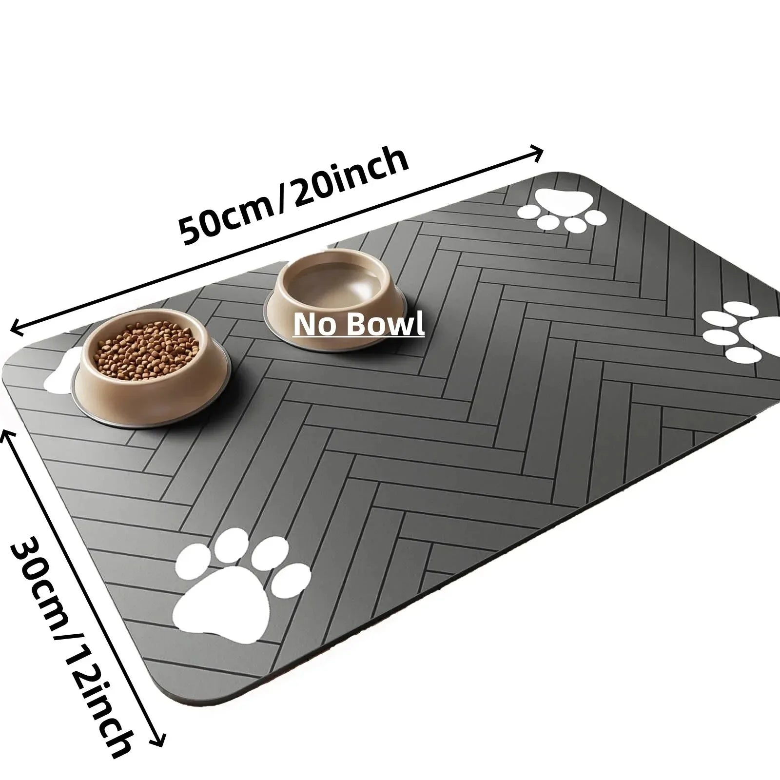 Rectangular dark grey pet feeding mat with white paw prints and two bowls