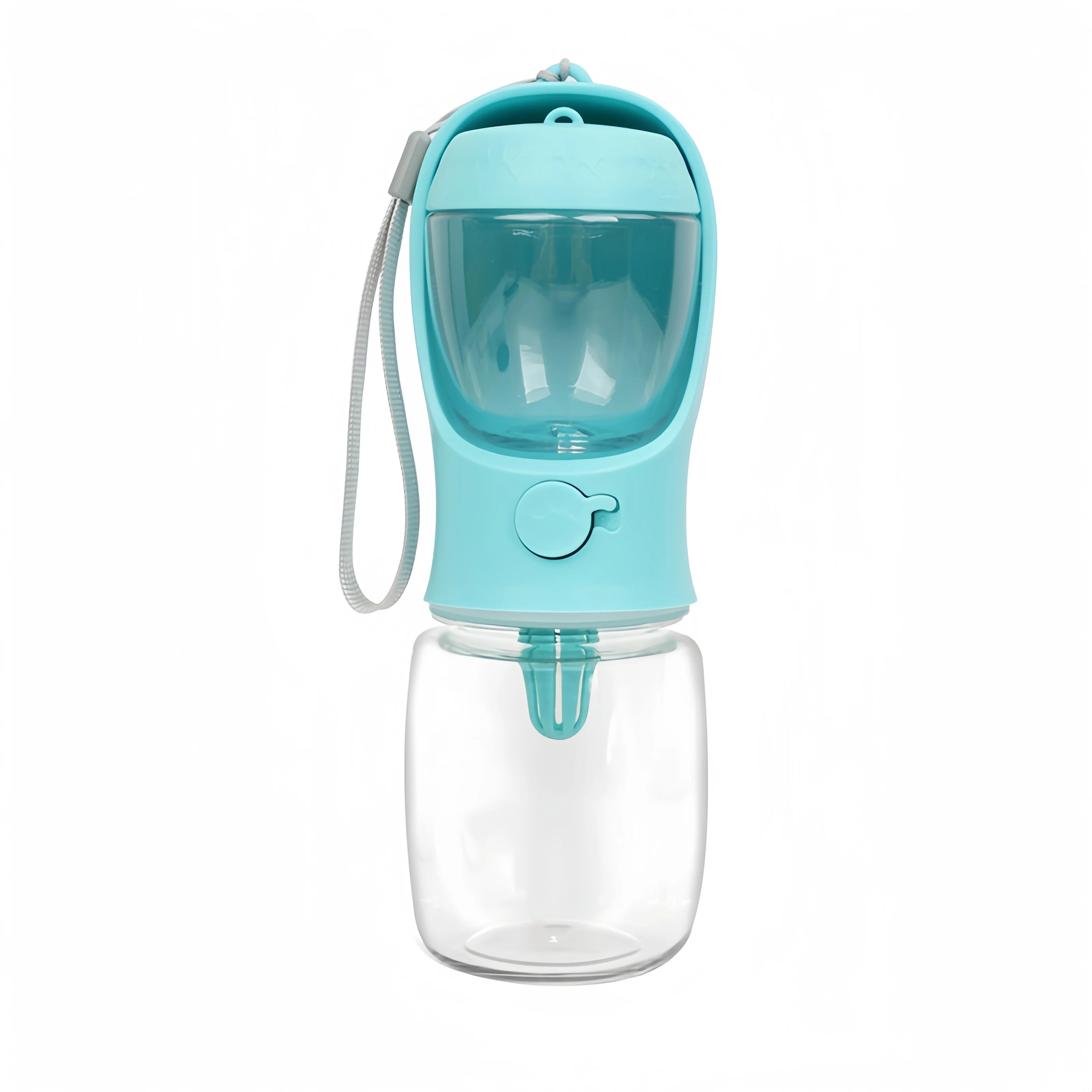 Portable pet water and food bottle in blue with clear container and wrist strap