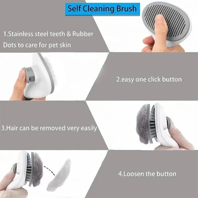 Gray self-cleaning pet grooming brush with round pin head held in a hand
