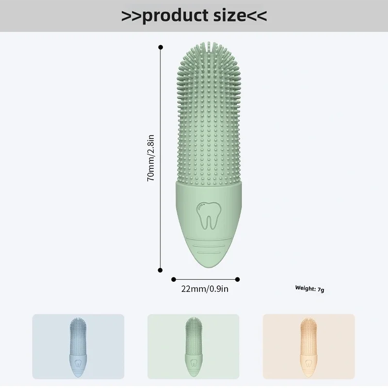 Green silicone finger toothbrush with bristle head and size measurement diagram