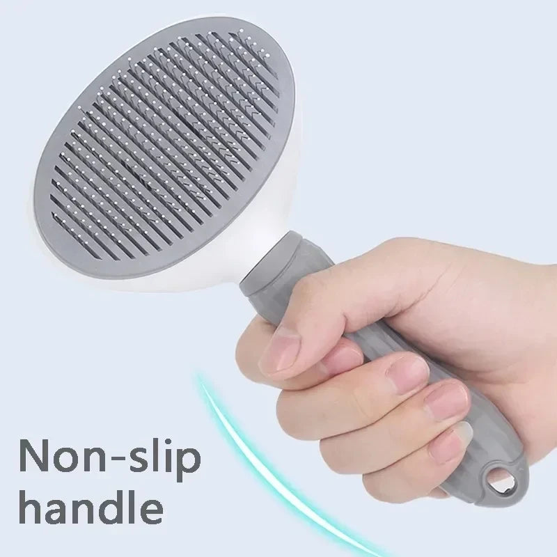 Gray self-cleaning pet grooming brush with round pin head and non-slip handle
