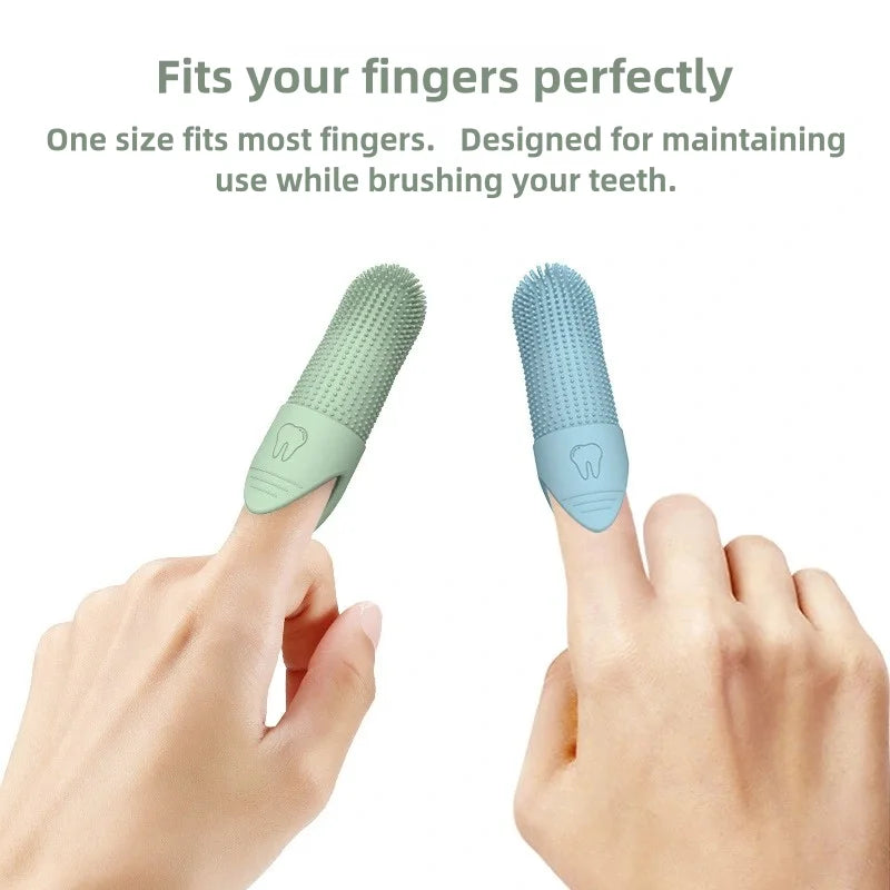 Green and blue finger toothbrushes with soft bristle nubs for pet dental care
