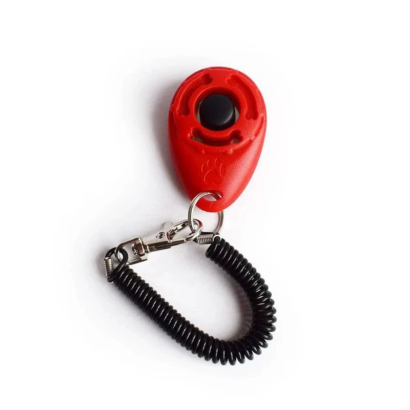 Dog training clicker key chain with wrist strap, red clicker body and black coiled cord
