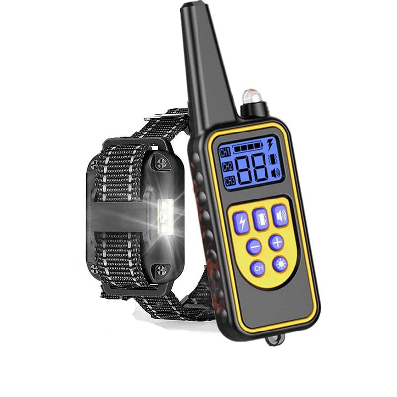 Dog training collar remote with black fabric shock collar, blue display and buttons