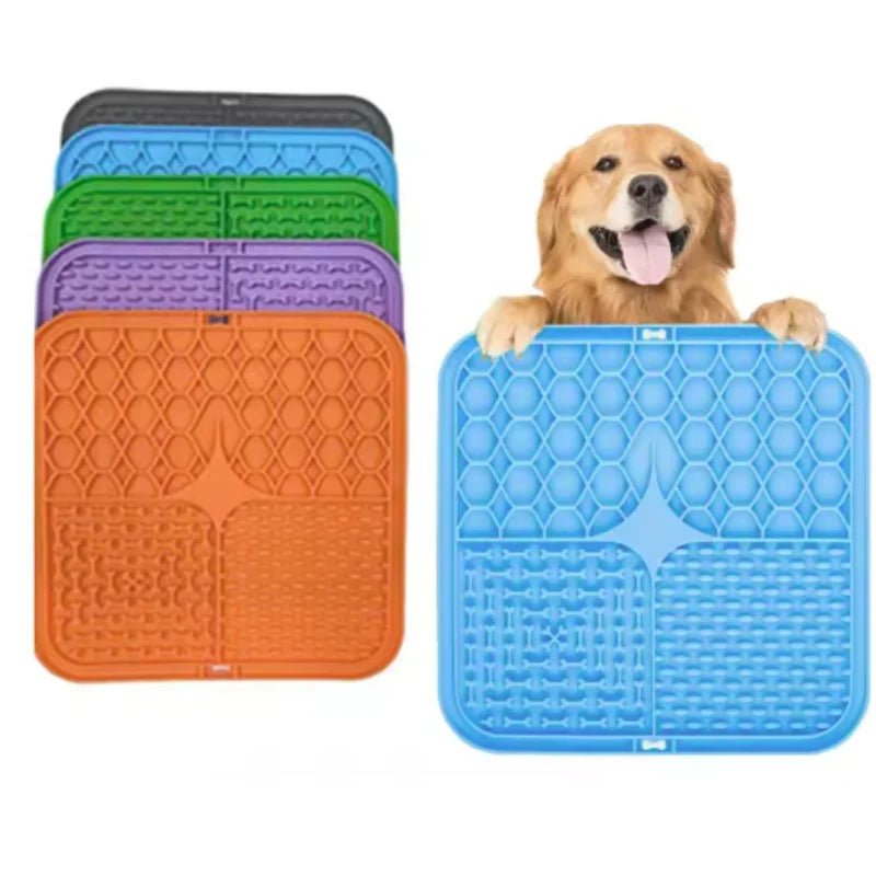 Multicolor silicone lick mat with honeycomb and bone-pattern sections, square shape