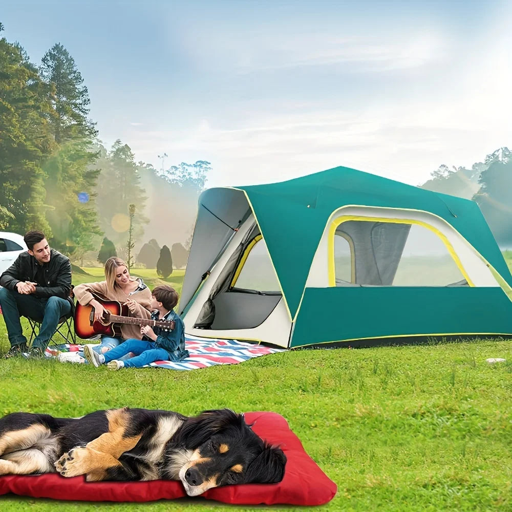 Pet bed cushion in red, placed outdoors on grass with thick padded surface