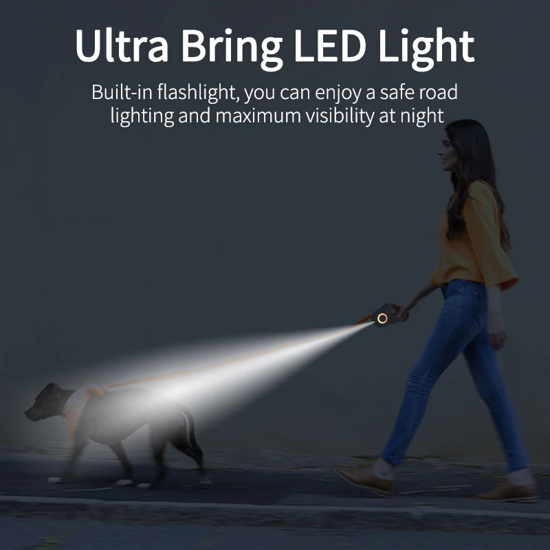 Retractable dog leash with built-in LED flashlight projecting light for night walks