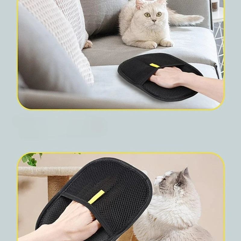 Pet hair remover glove with black mesh pad and yellow tab, hand petting sofa cat