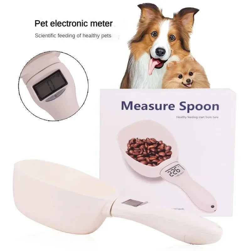 White electronic pet food measuring scoop with LCD screen, shown with product card