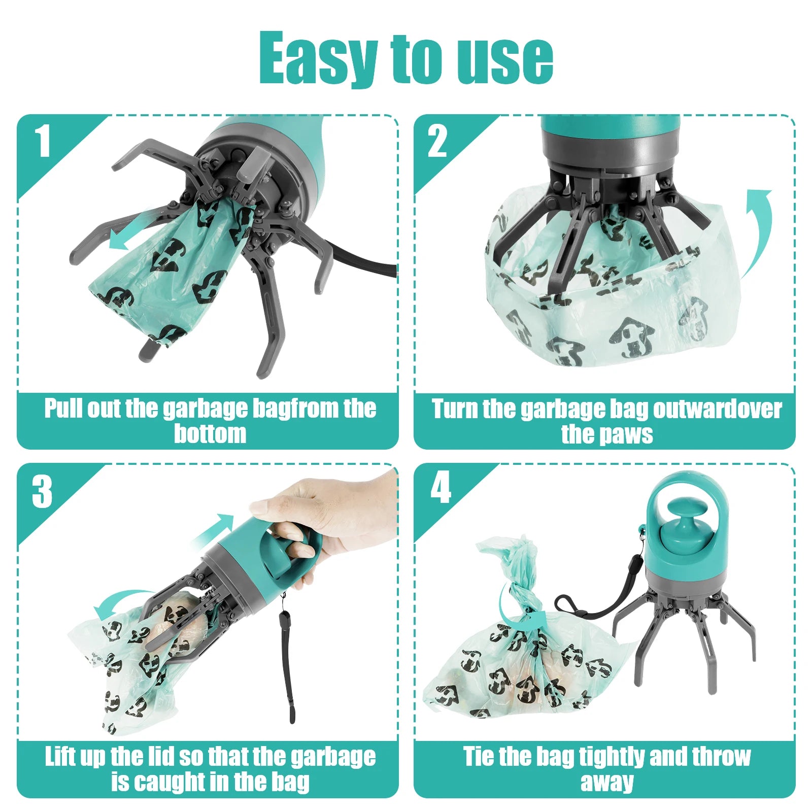 Pet waste claw showing black gripping mechanism with patterned waste bag