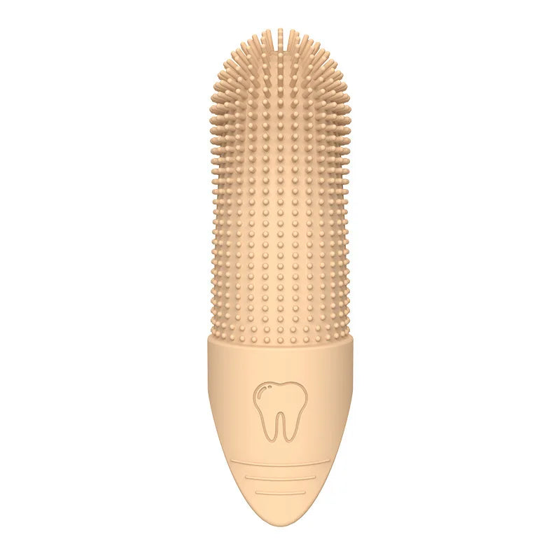 Beige silicone finger toothbrush with dense bristle nubs and soft finger handle