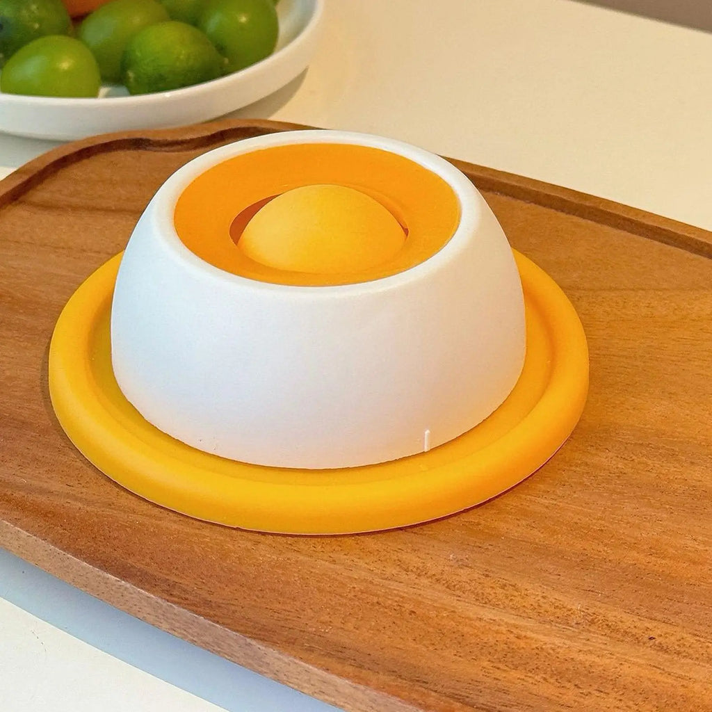 Slow feeder dog bowl with yellow base, white dome, and yellow center insert