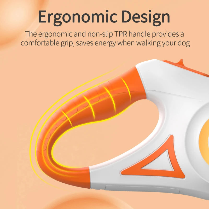 Retractable dog leash with ergonomic handle and glowing yellow LED light ring