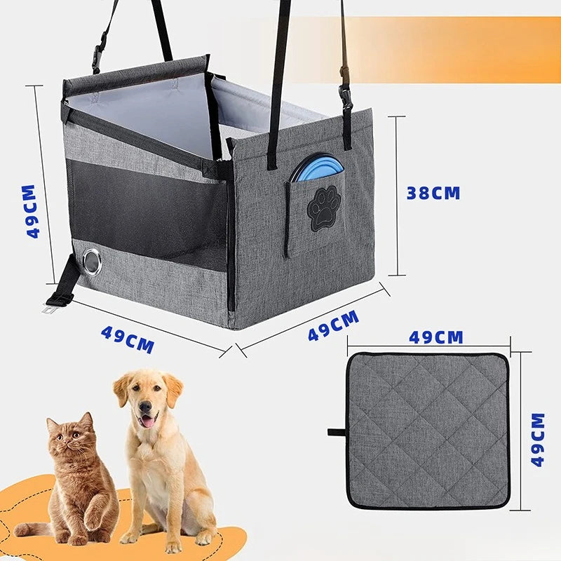 Grey pet car seat with safety mesh and printed size measurements on diagram