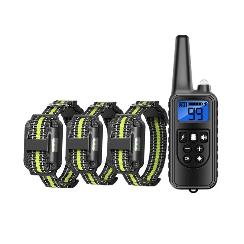 Dog training collar remote with three black striped collars, blue display and buttons