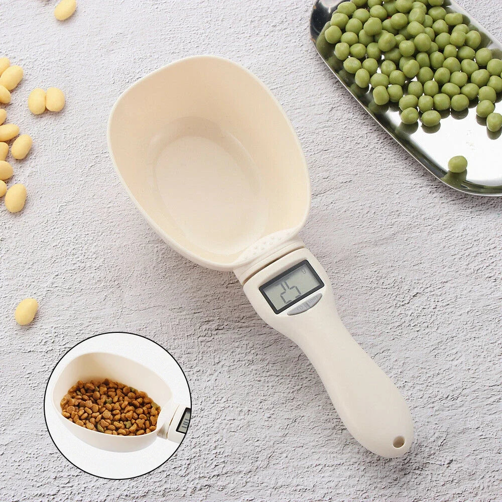 Electronic pet food measuring scoop with LED display, filled scoop and side view