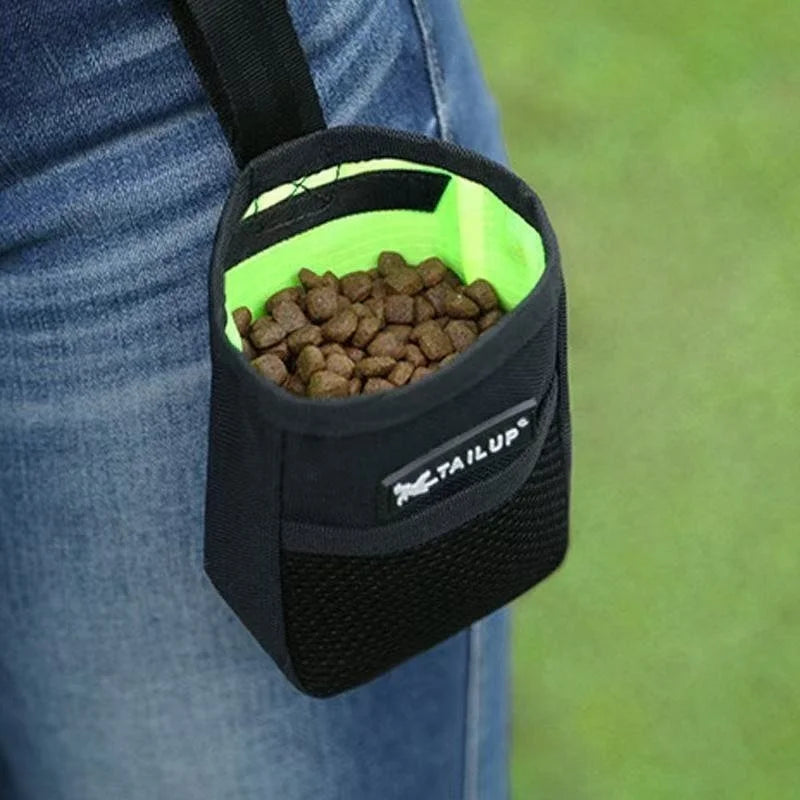 Black waist treat pouch bag with lime interior and dog treat opening detail