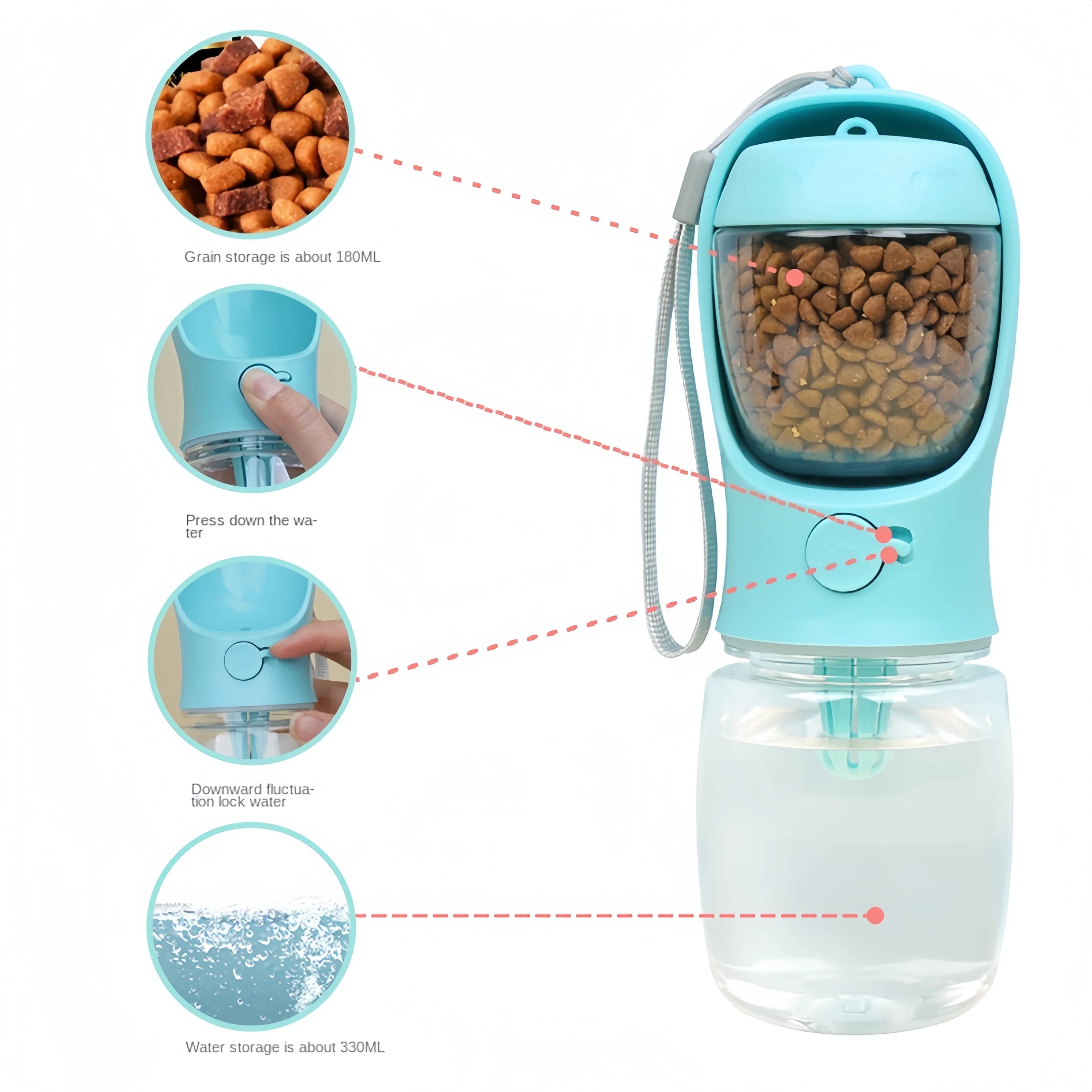 Portable pet water and food bottle in blue with kibble visible through the top window