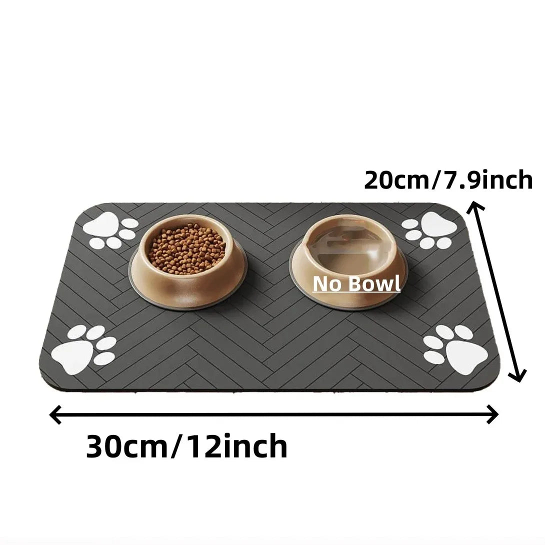 Absorbent pet feeding mat, dark gray with white paw prints, rubber backing, 30x20cm