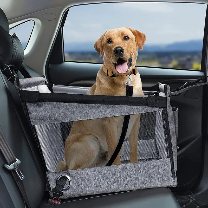Grey waterproof pet car seat with safety mesh window and front harness strap