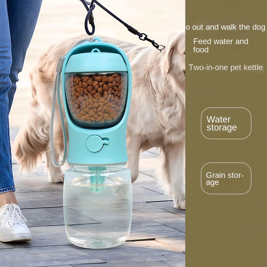 Portable pet water and food bottle with blue top, clear water container, and kibble inside