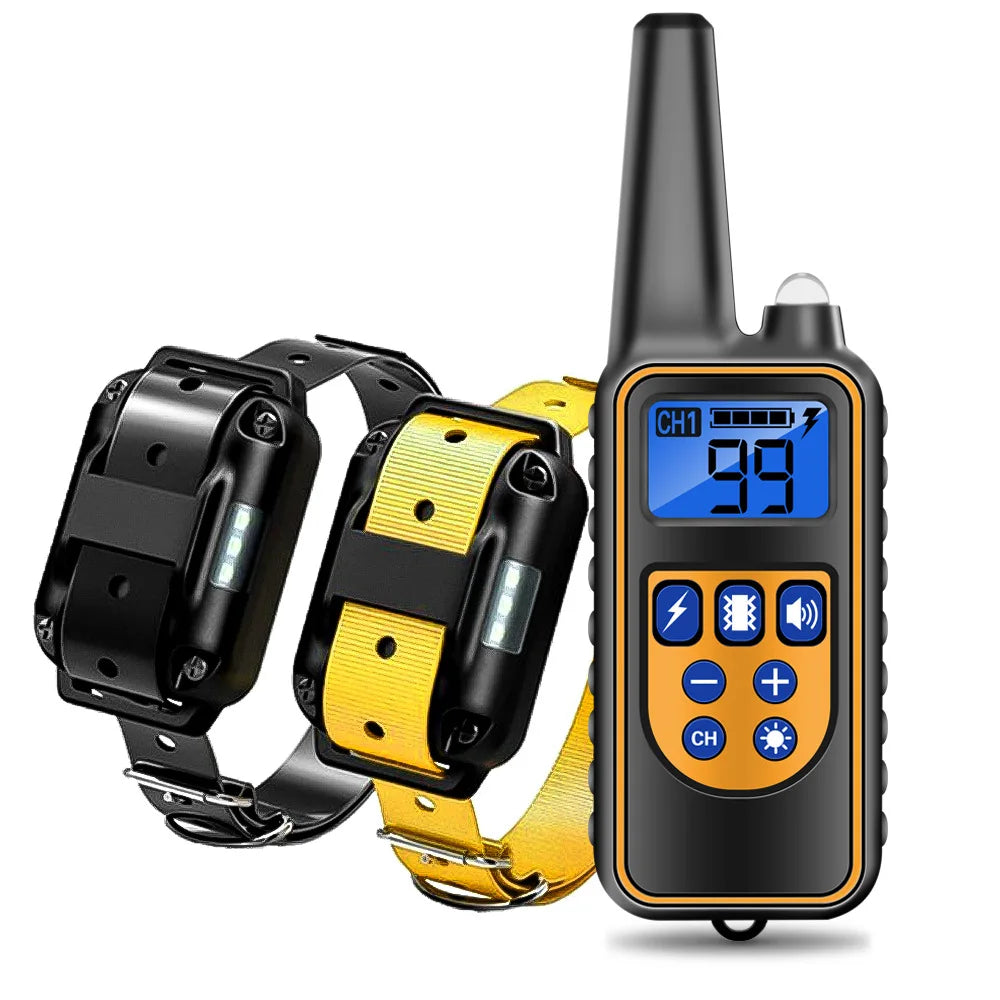 Dog training remote with yellow and black receiver collars with electrode pads