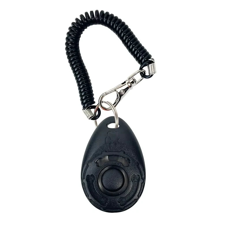 Dog training clicker key chain with wrist strap, black clicker body and black coiled cord