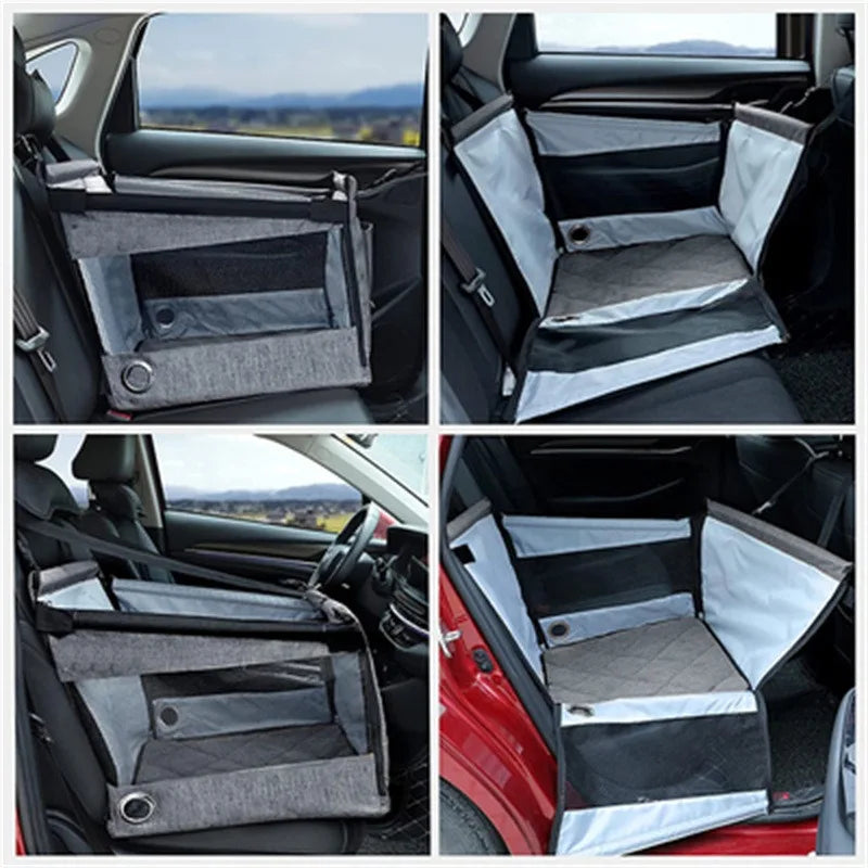 Grey pet car seat with mesh panels, zip access, and installation straps in car