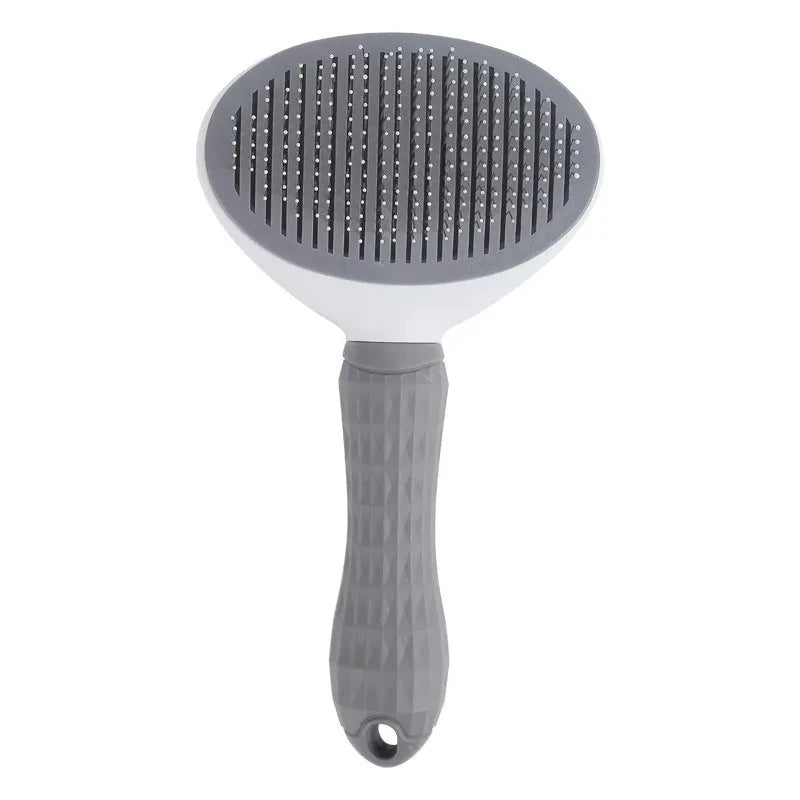 Gray self-cleaning pet grooming brush with round pin comb and grip handle