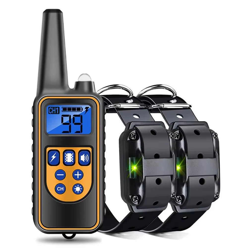 Dog training collar remote with two black shock collars, blue display, glowing light indicators