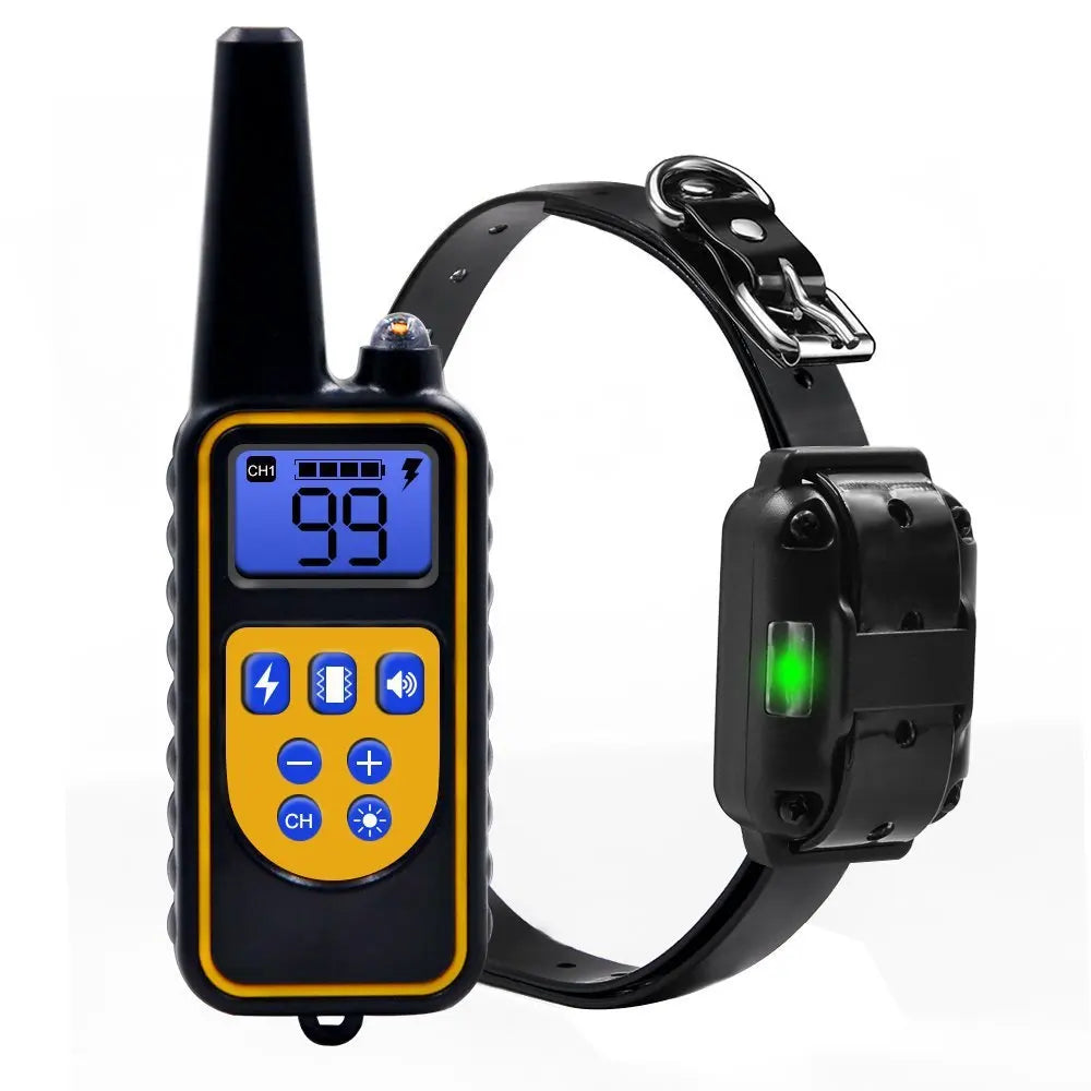 Dog training remote and black receiver collar with adjustable strap and metal prongs