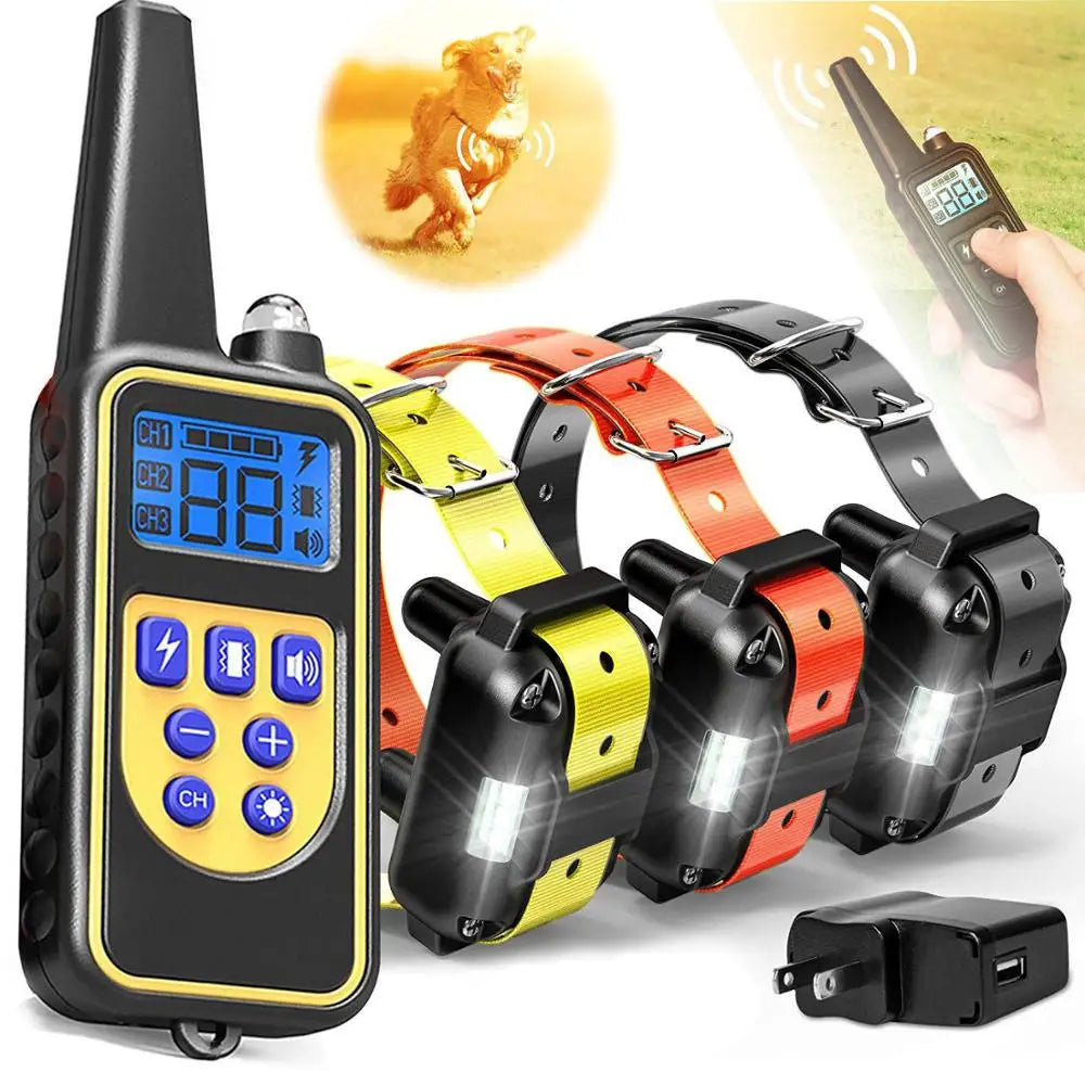 Dog training remote with multiple receiver collars in black, yellow, orange, and red