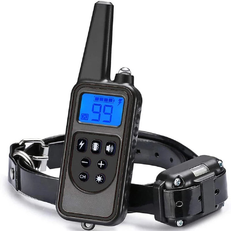 Dog training collar remote with black shock collar, blue display, control buttons