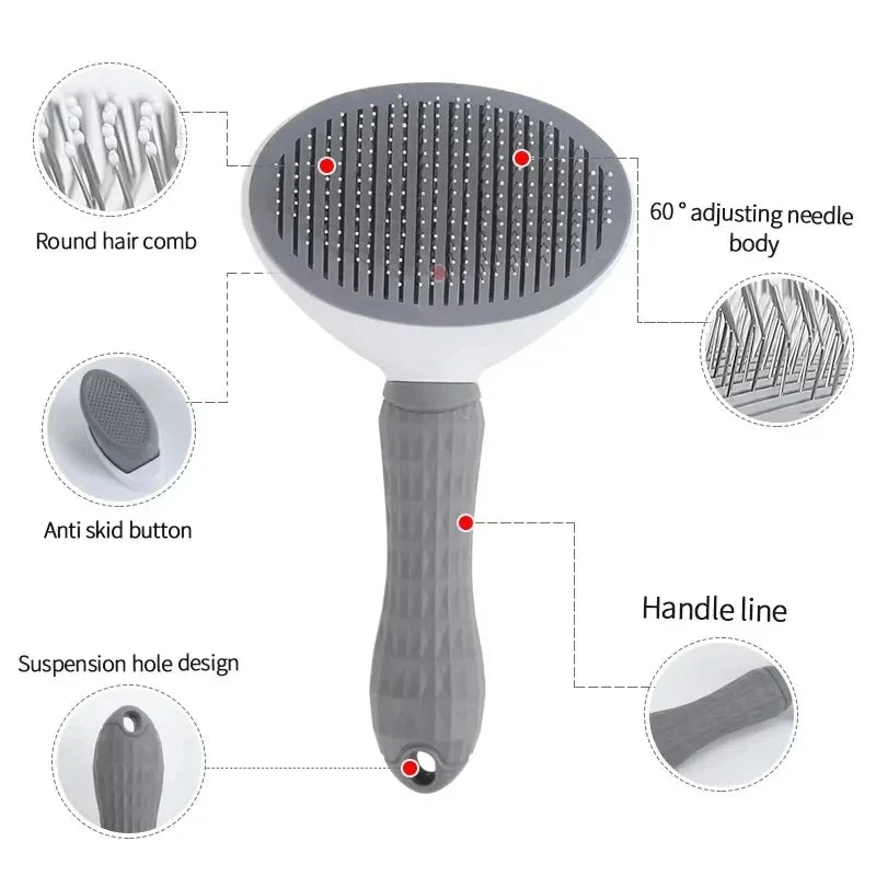 Gray pet grooming brush with round pin comb and anti-slip grip handle