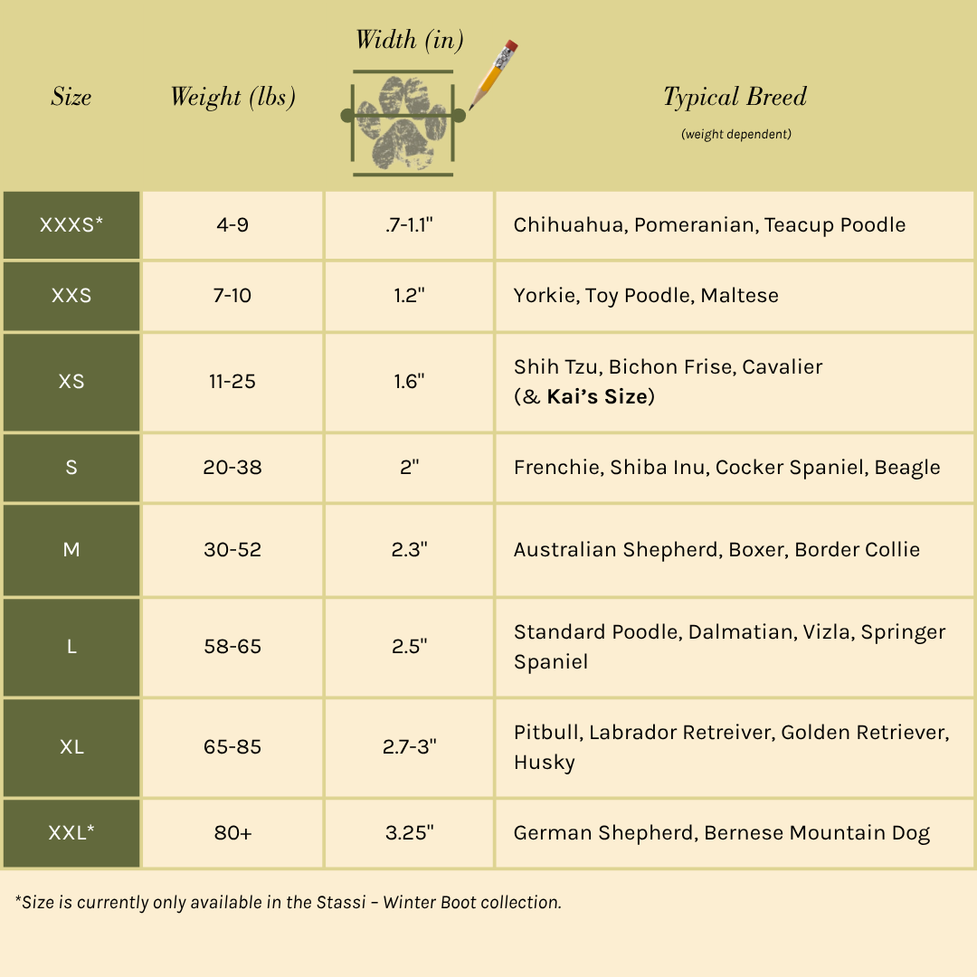 Dog snow boot size chart table with size, weight, width, and typical breeds