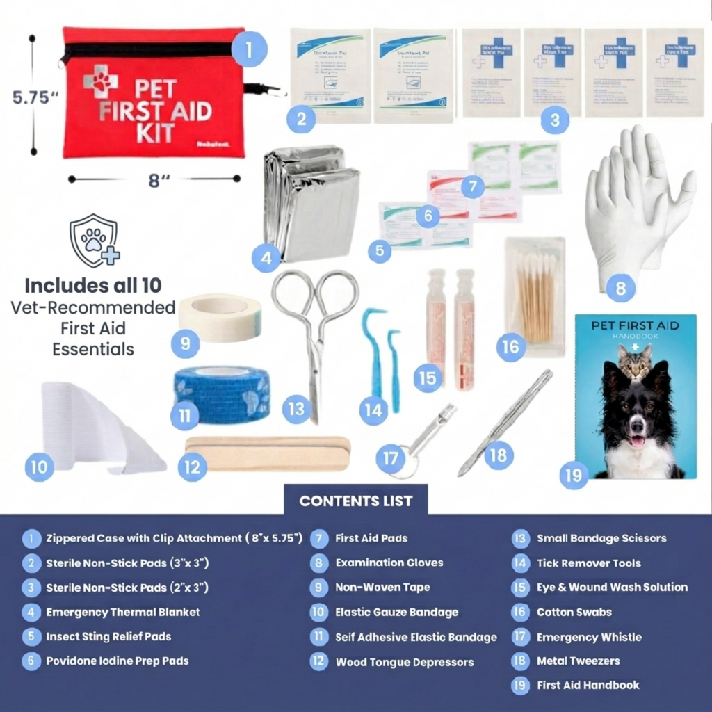Red pet first aid kit pouch with zipper, displayed with gloves, tools, and bandages