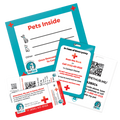 Pet ID QR tag card set with emergency contact labels, red cross, and QR code