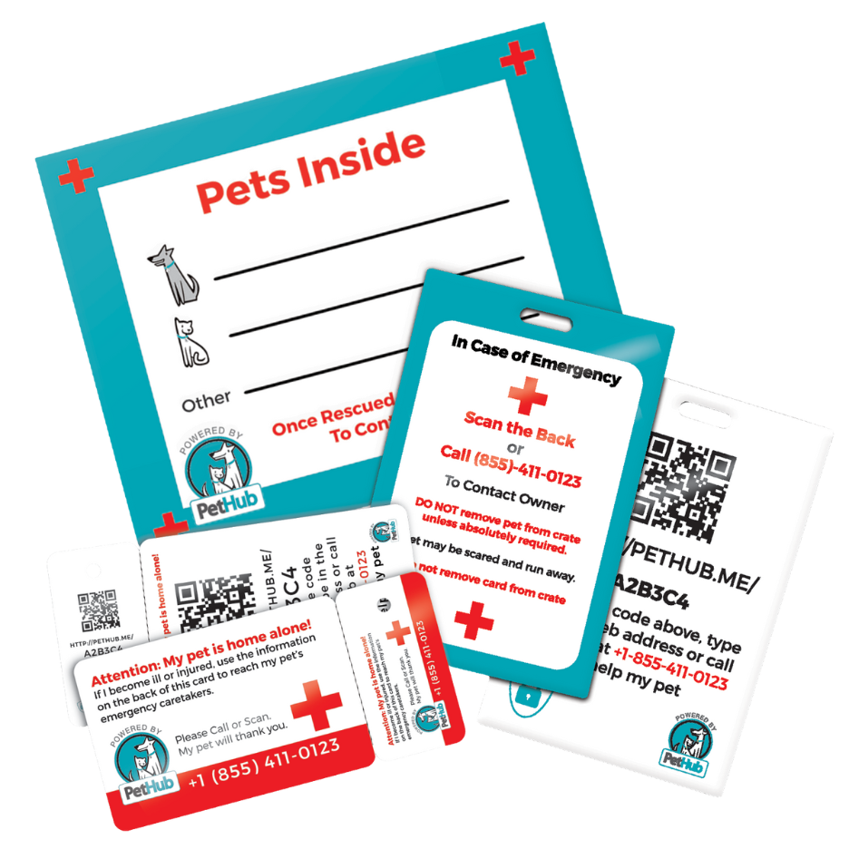 Pet ID QR tag card set with emergency contact labels, red cross, and QR code