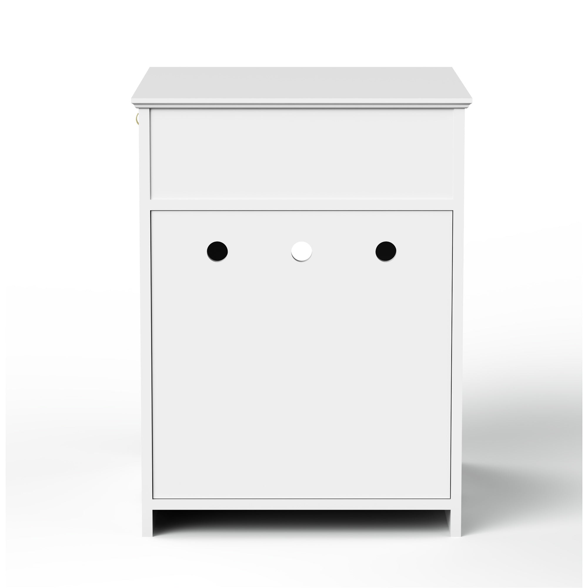 White wooden litter box enclosure with cabinet doors and three round knobs