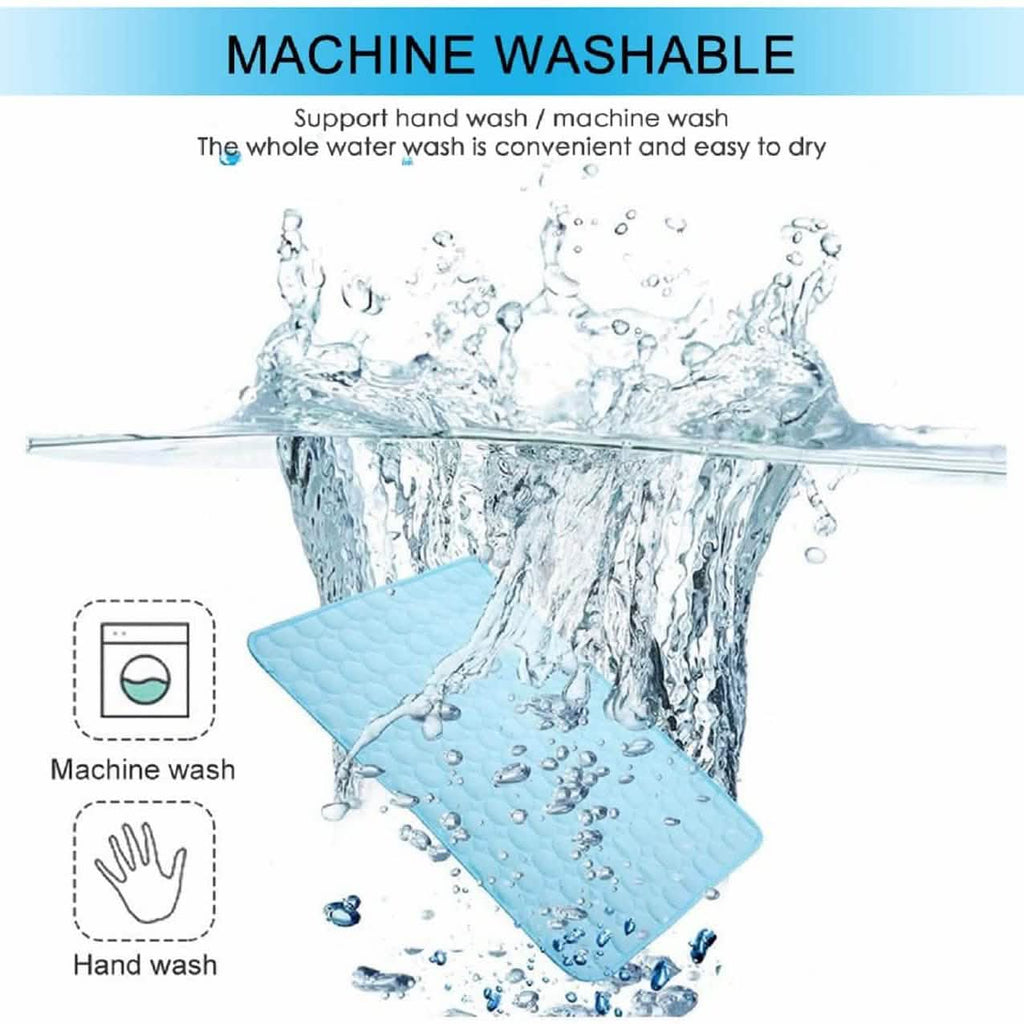 Light blue washable dog mat with water splash over textured surface