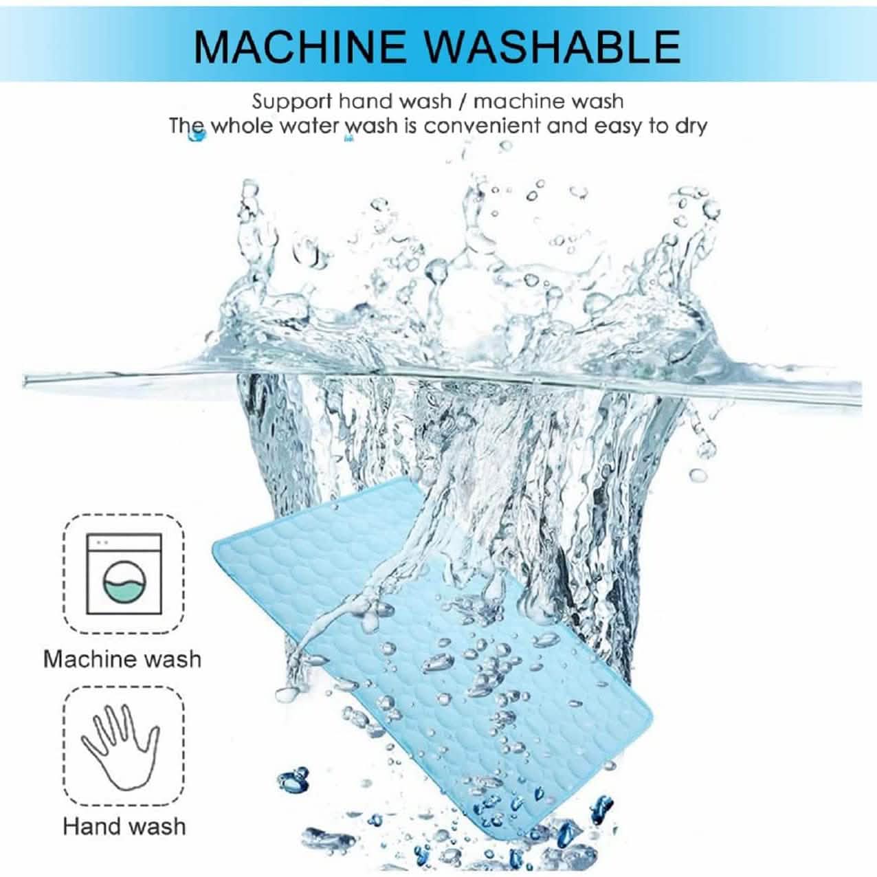 Light blue washable dog mat with water splash over textured surface