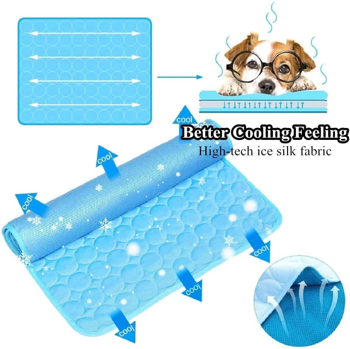 Light blue cooling dog mat rolled up, bubble-texture surface
