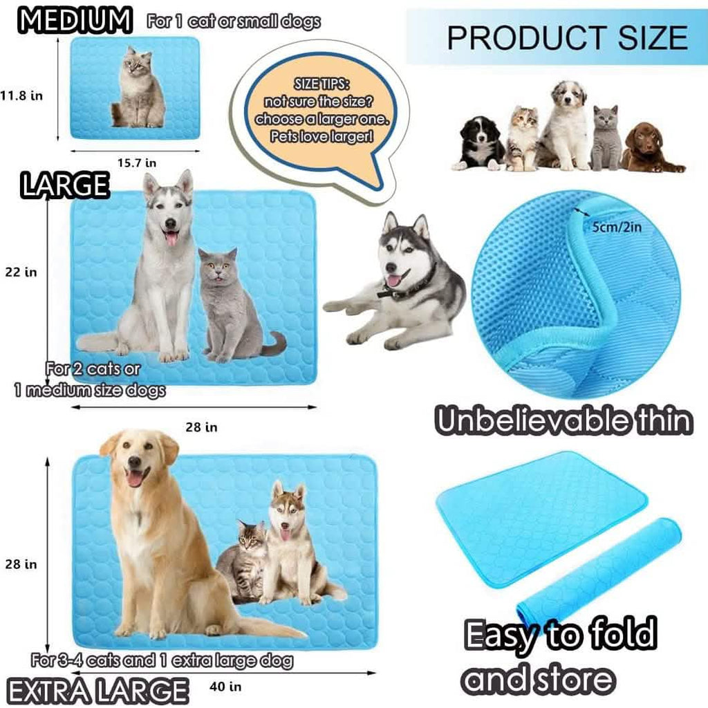 Blue washable cooling dog mat folded for storage, sizes shown
